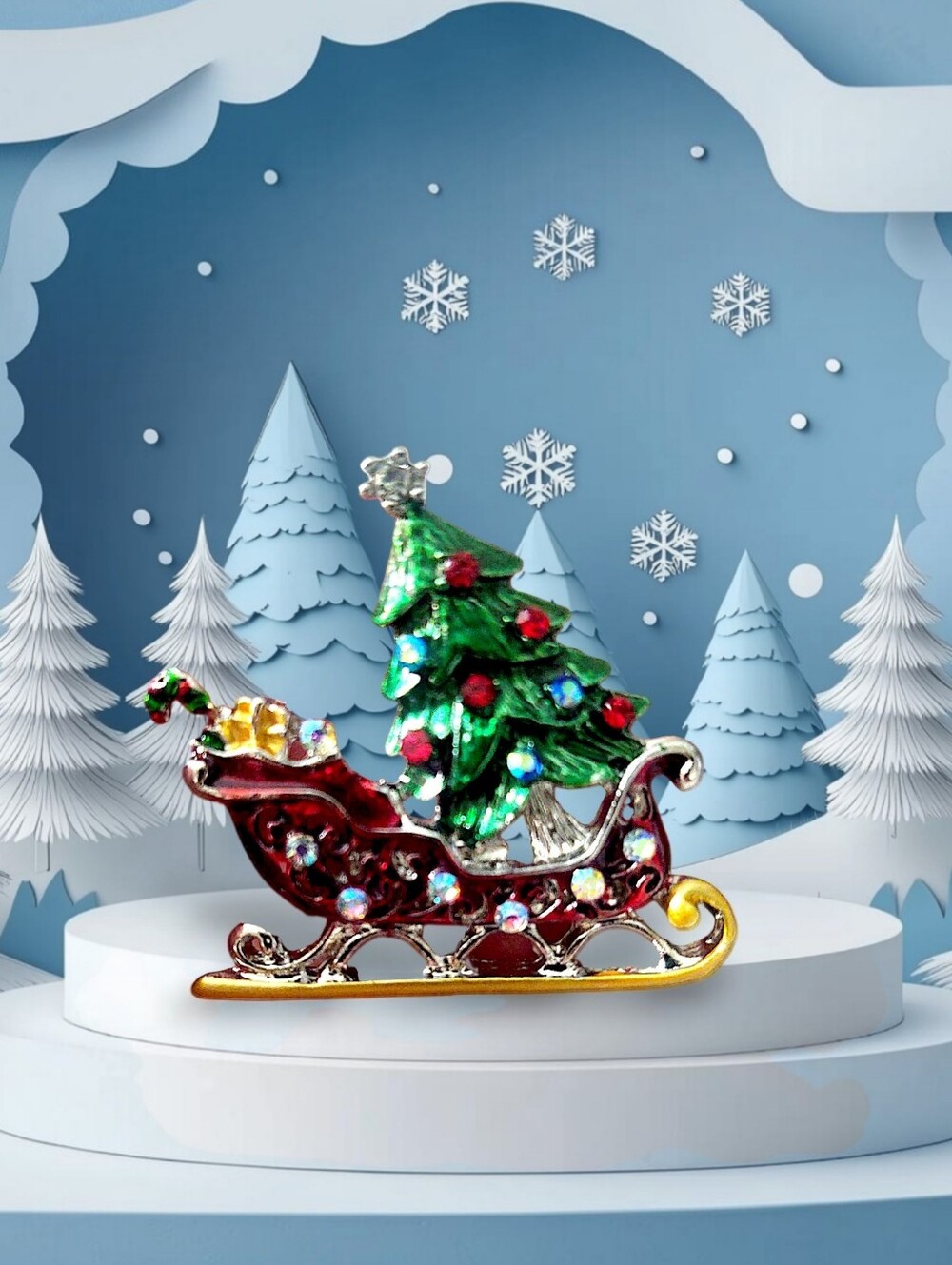 Festive Red Sleigh Brooch - Picture 1 of 5